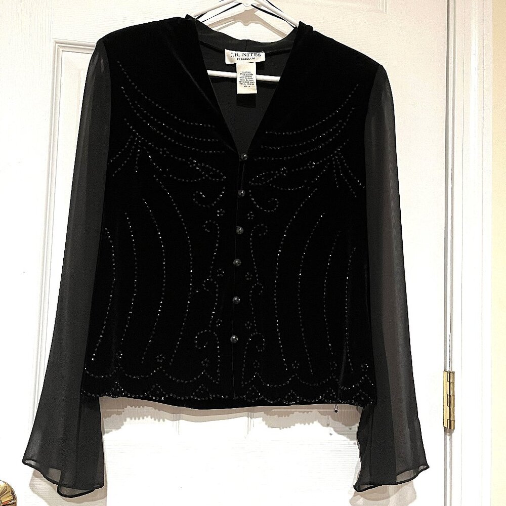 ladies size 12 black velour beaded J R Nites by Carol Lin sheer sleeve shirt top
